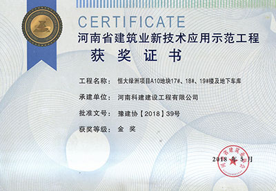“恒大綠洲項目A10地塊17#、18#、19#樓及地下車庫工程”榮獲“河南省建筑業(yè)新技術(shù)應用示范工程”金獎