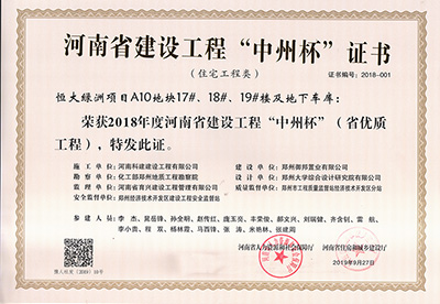 恒大綠洲項目A10地塊17#、18#、19#樓及地下車庫榮獲“2018年度河南省建設工程中州杯（省優(yōu)質(zhì)工程）”